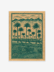 Green palm tree landscape poster with mountains and clouds in an illustrative style on a brown background.