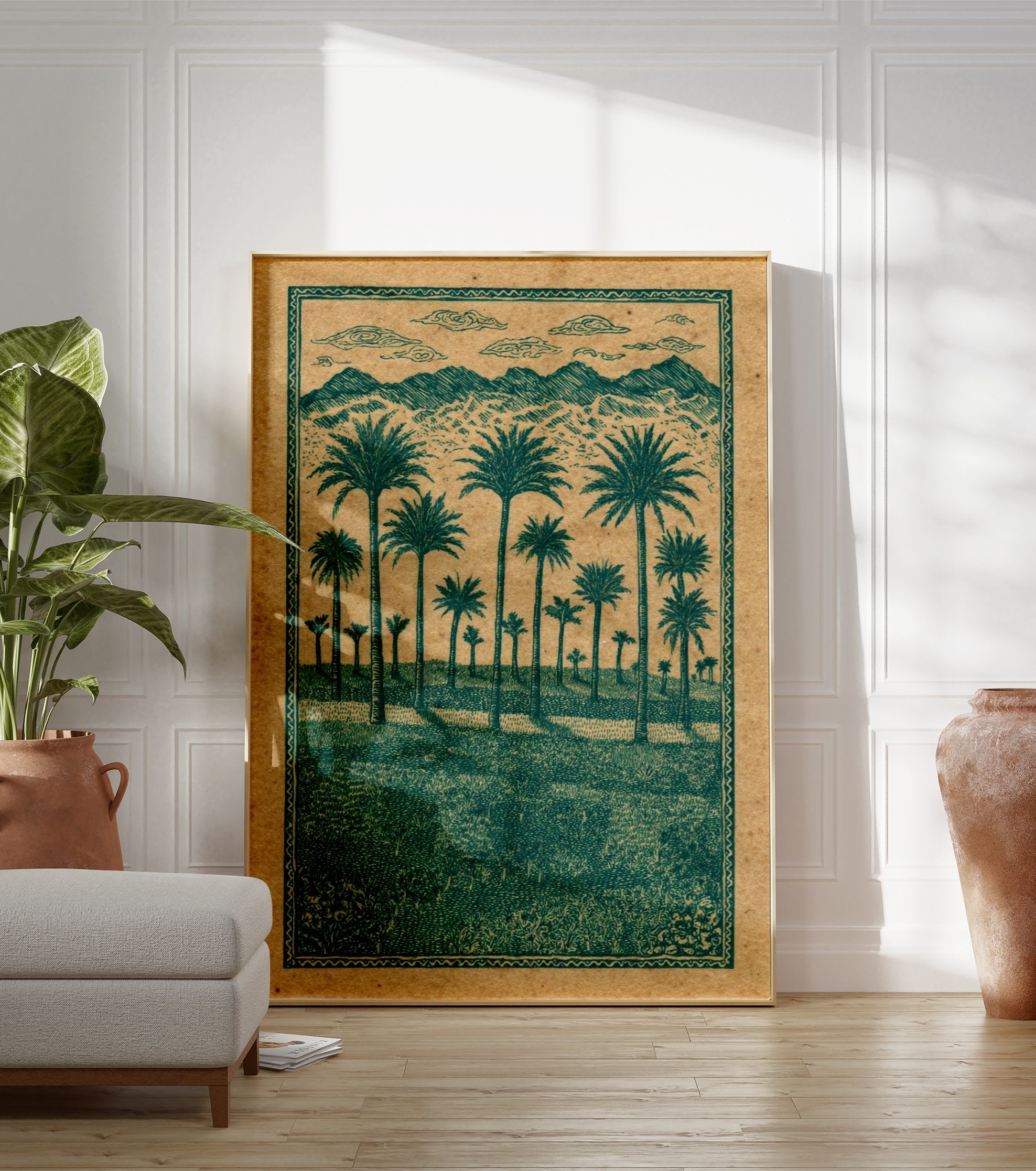 Green palm tree landscape poster with mountains and clouds in an illustrative style on a brown background. - Image 3