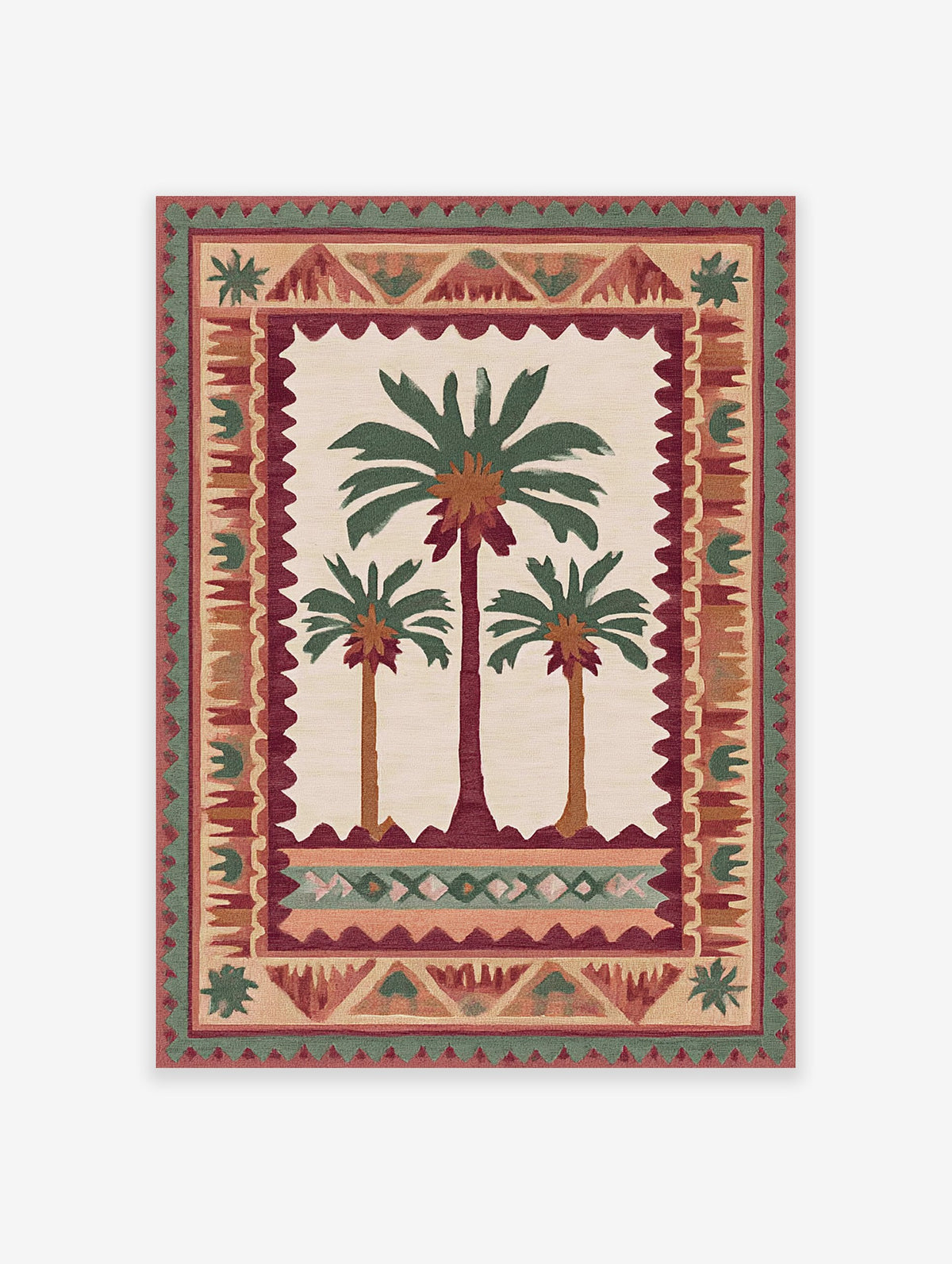 Cultural palm tree poster featuring three stylized palm trees in green and brown, surrounded by an intricate border of red, green, and beige patterns.