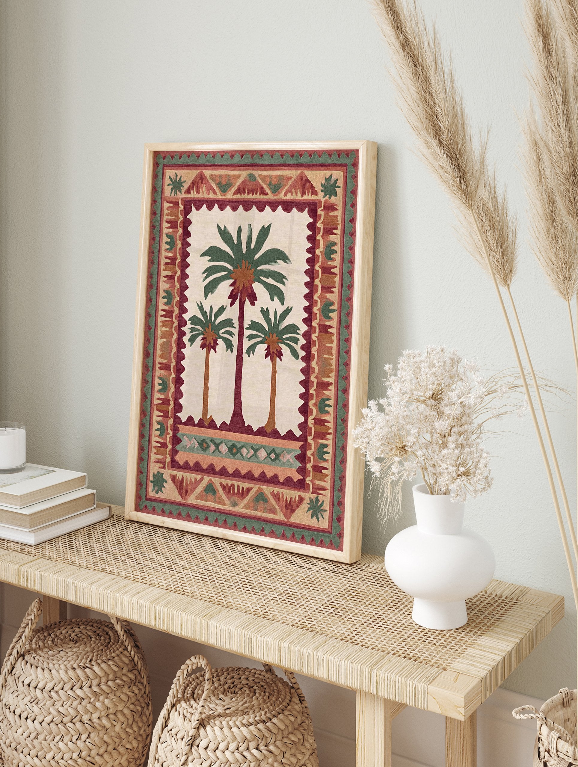 Cultural palm tree poster featuring three stylized palm trees in green and brown, surrounded by an intricate border of red, green, and beige patterns. - Image 4