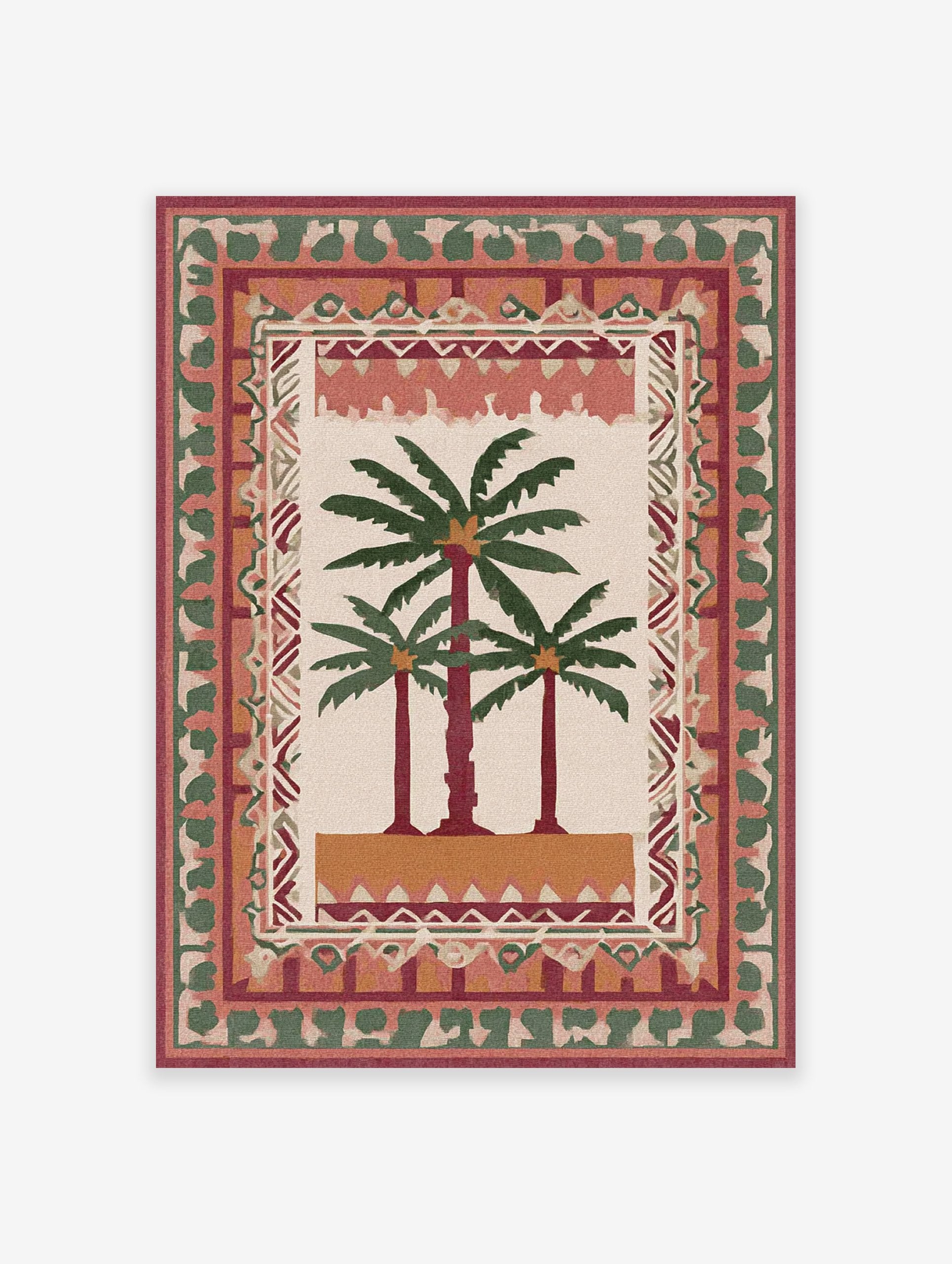 Illustrative palm tree poster with three palm trees on a beige background, surrounded by decorative tribal patterns in red, green, and orange.