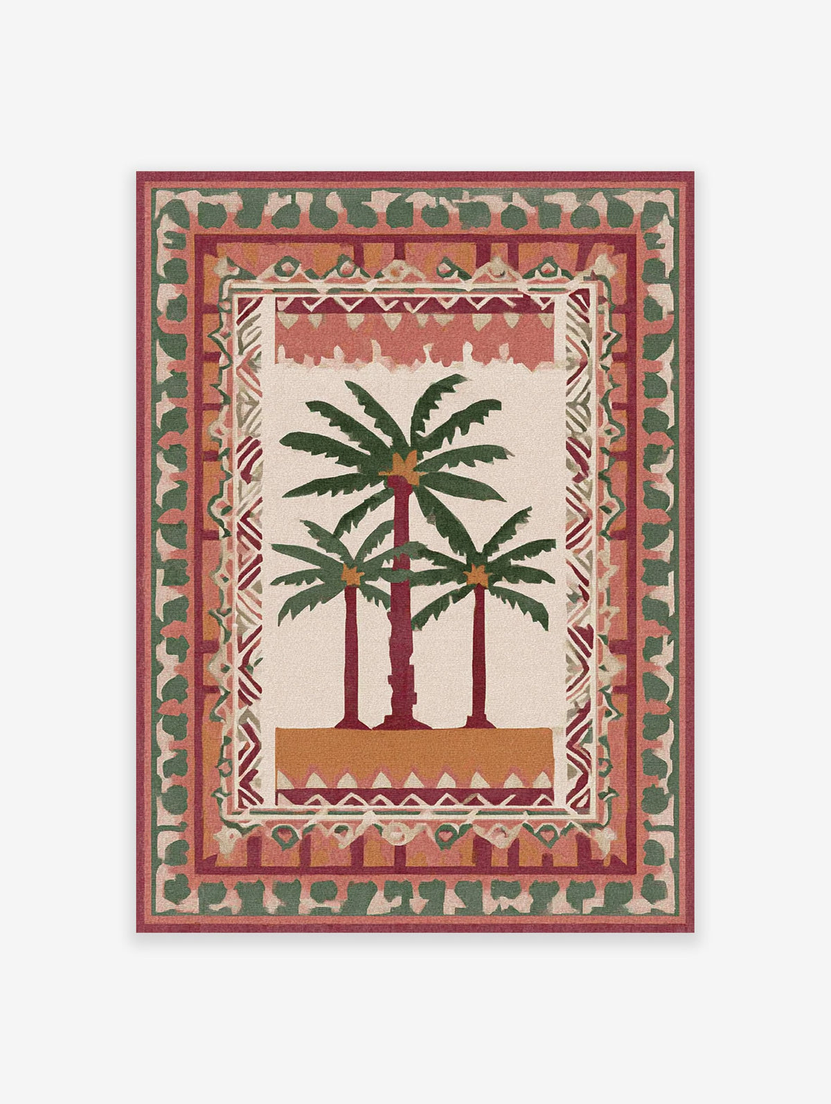 Illustrative palm tree poster with three palm trees on a beige background, surrounded by decorative tribal patterns in red, green, and orange.