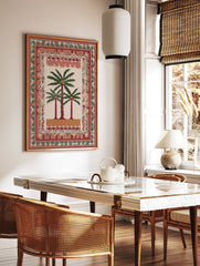 Illustrative palm tree poster with three palm trees on a beige background, surrounded by decorative tribal patterns in red, green, and orange. - Image 2