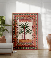 Illustrative palm tree poster with three palm trees on a beige background, surrounded by decorative tribal patterns in red, green, and orange. - Image 3