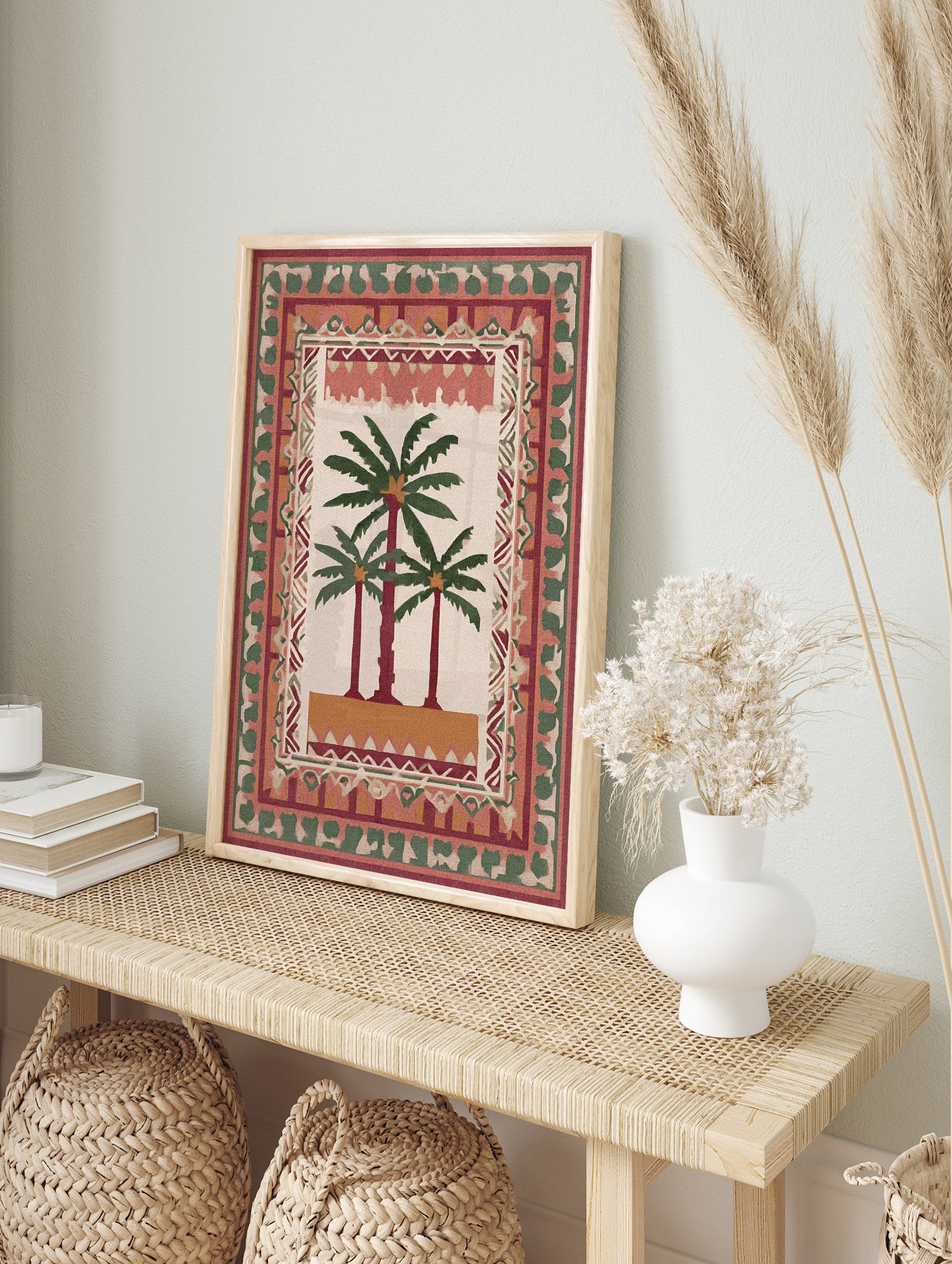 Illustrative palm tree poster with three palm trees on a beige background, surrounded by decorative tribal patterns in red, green, and orange. - Image 4