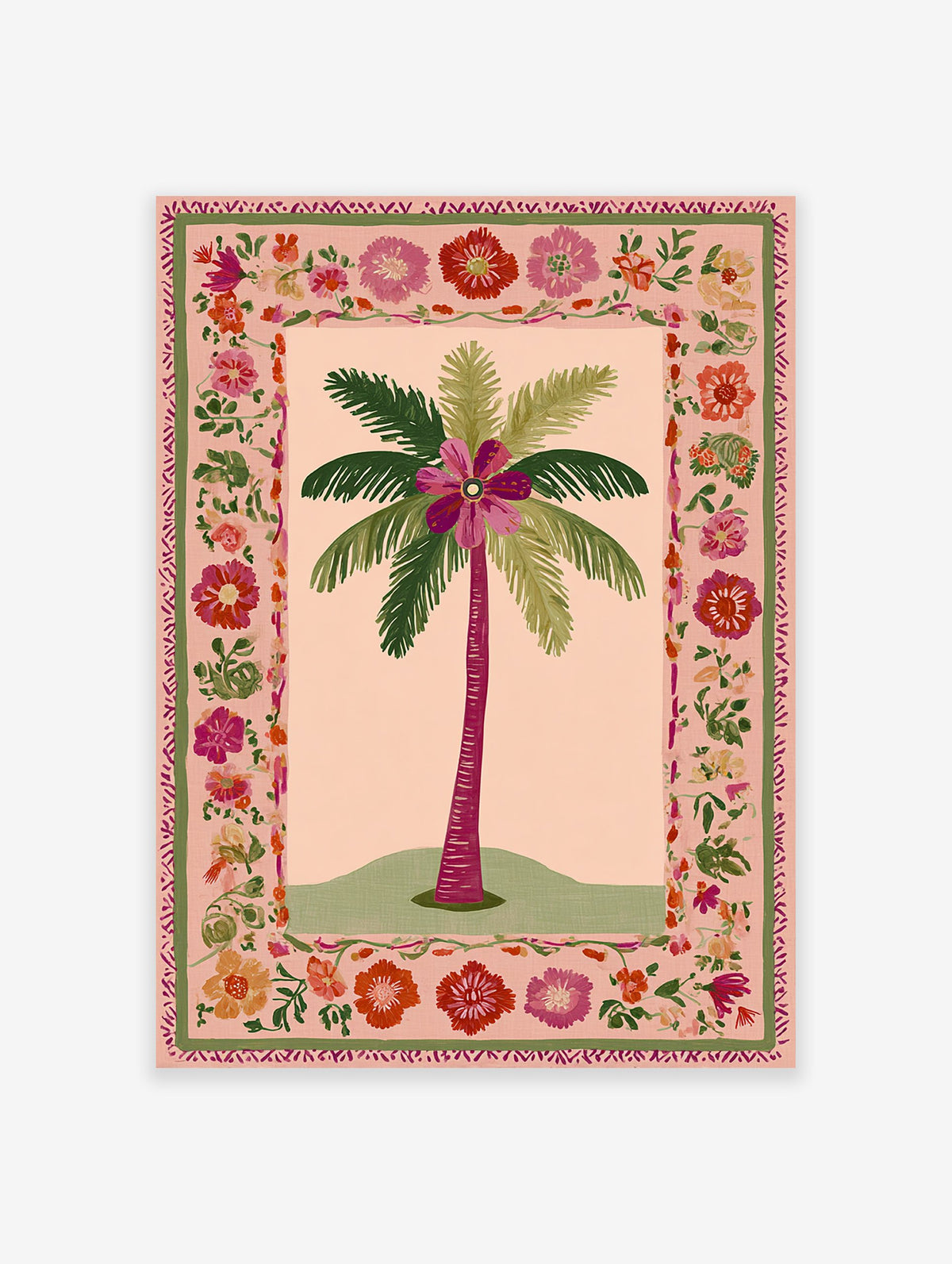 Illustrated palm tree poster with a large fuchsia flower at its crown, surrounded by a vibrant pink and green floral border.