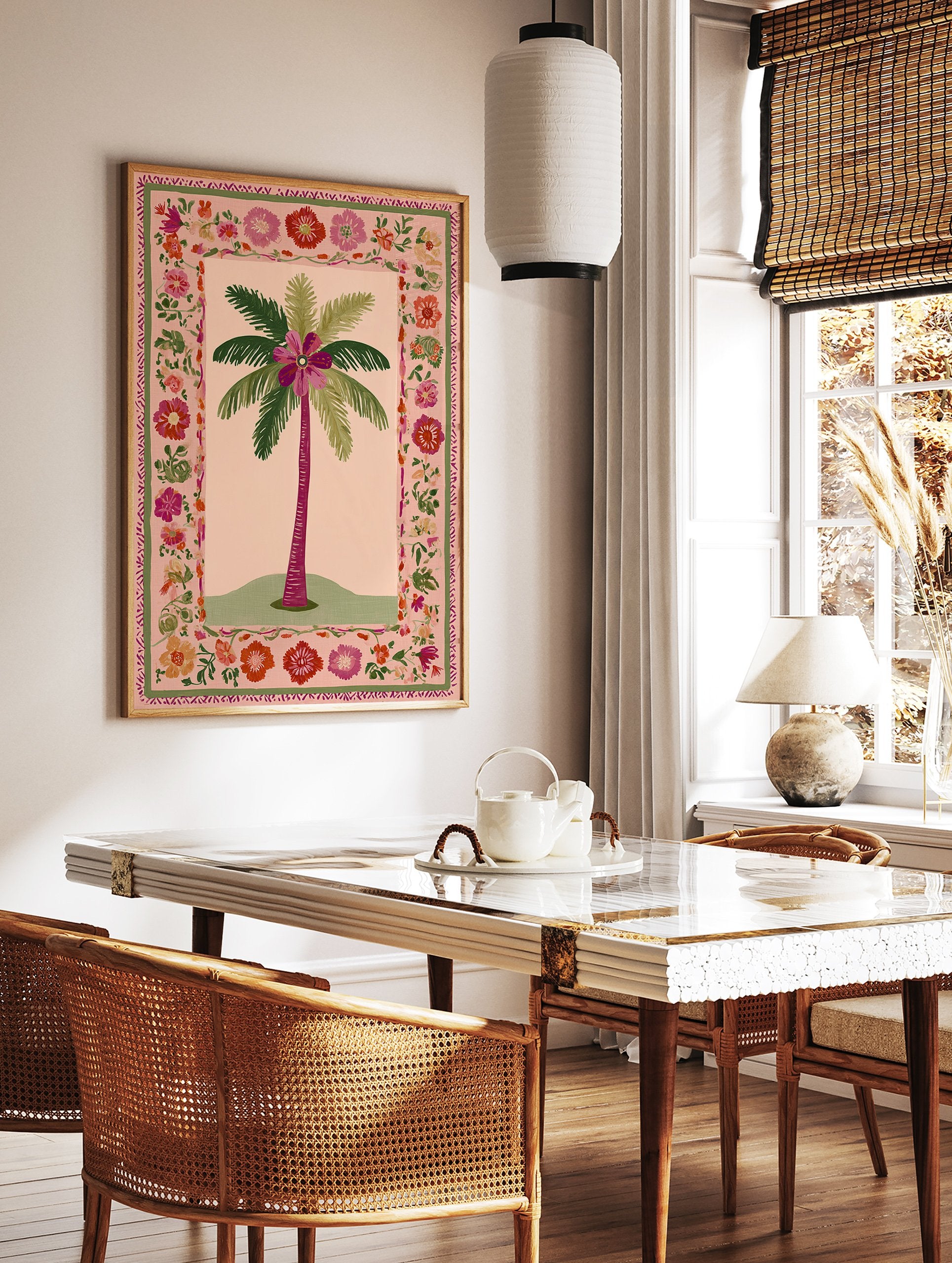 Illustrated palm tree poster with a large fuchsia flower at its crown, surrounded by a vibrant pink and green floral border. - Image 2