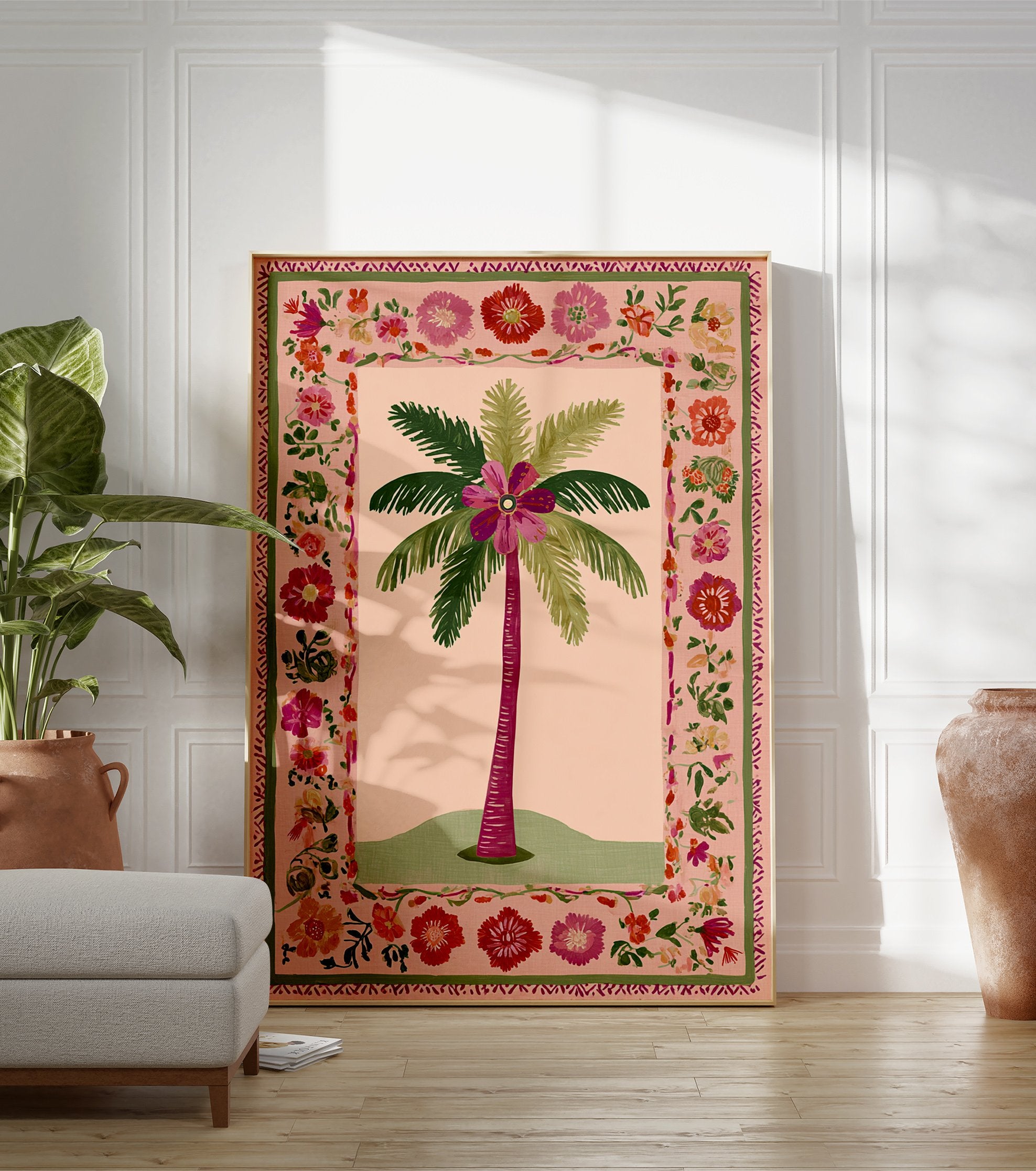 Illustrated palm tree poster with a large fuchsia flower at its crown, surrounded by a vibrant pink and green floral border. - Image 3