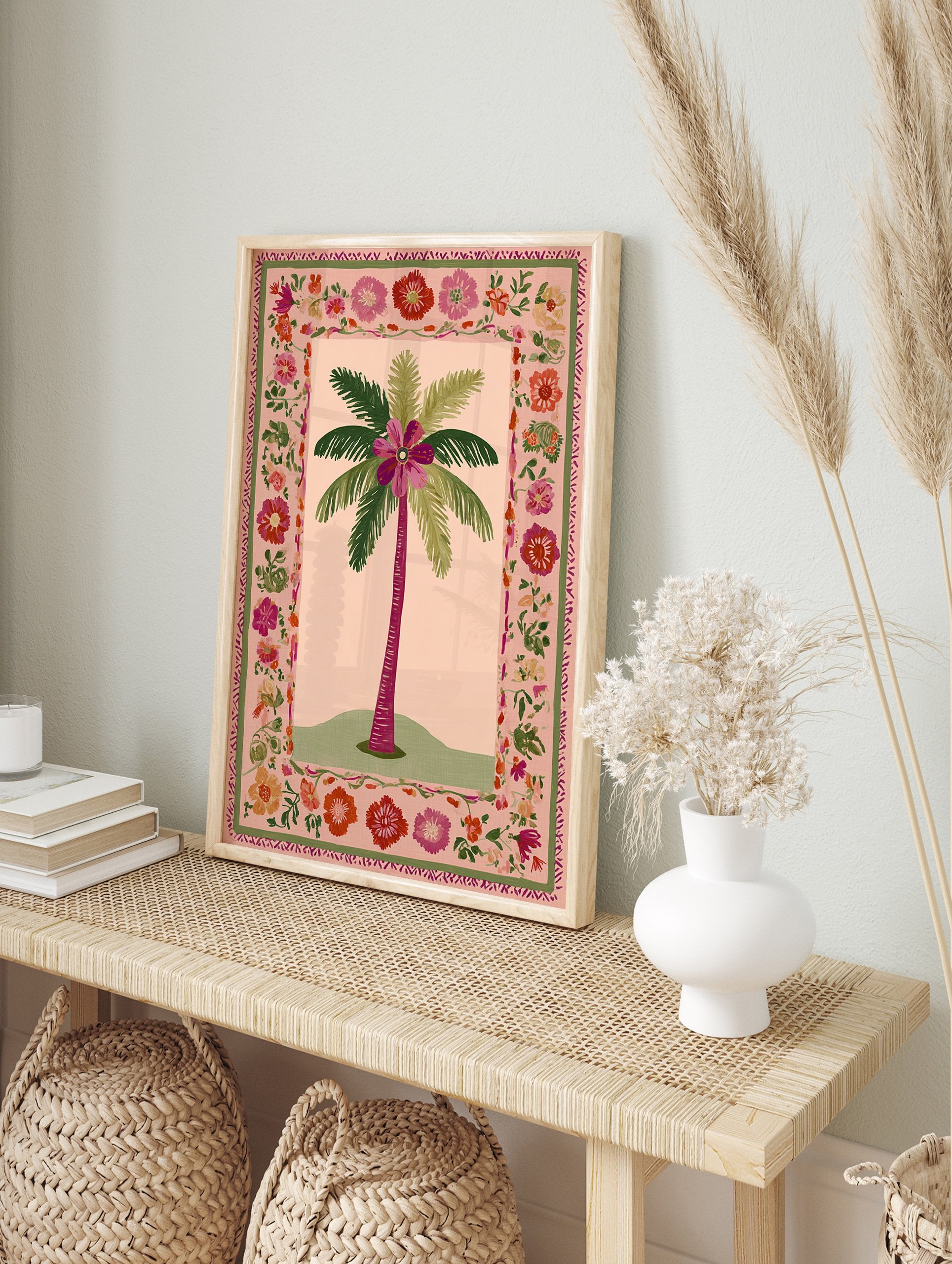 Illustrated palm tree poster with a large fuchsia flower at its crown, surrounded by a vibrant pink and green floral border. - Image 4