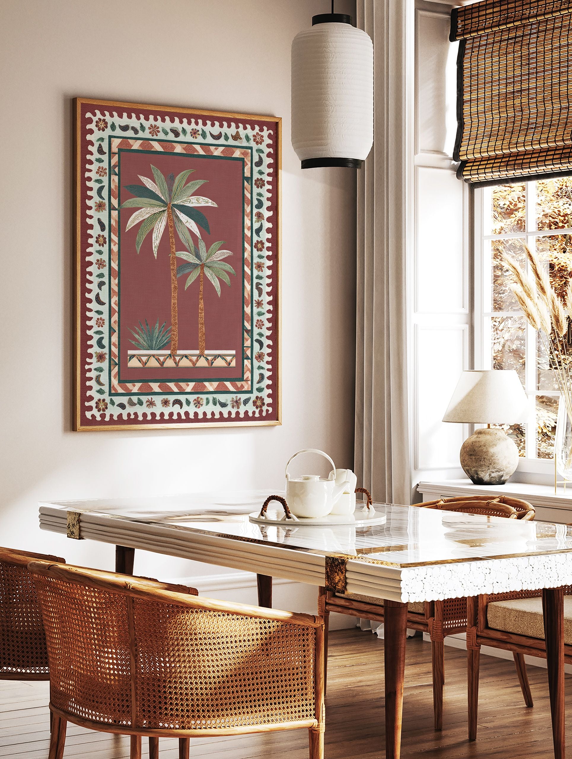 Tropical Palm Tree Poster featuring two palm trees and a succulent in a decorative pot, surrounded by a maroon and beige patterned border. - Image 2