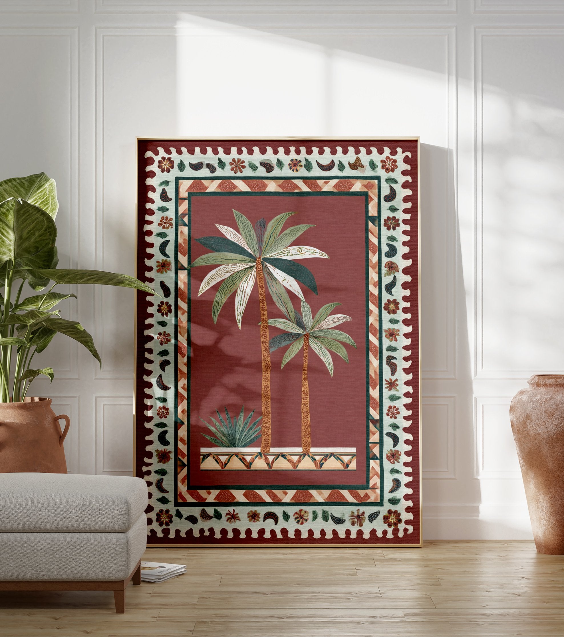 Tropical Palm Tree Poster featuring two palm trees and a succulent in a decorative pot, surrounded by a maroon and beige patterned border. - Image 3