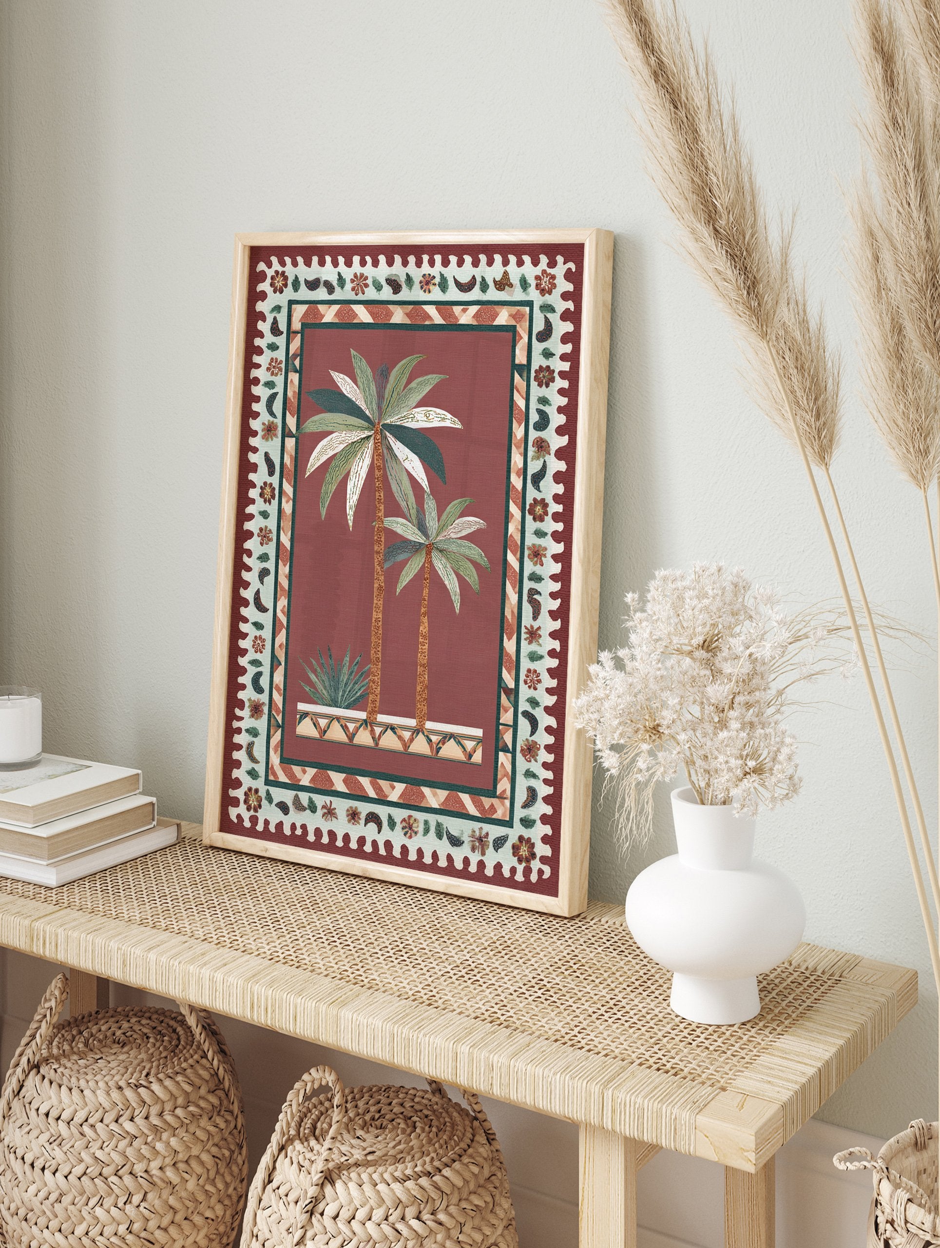 Tropical Palm Tree Poster featuring two palm trees and a succulent in a decorative pot, surrounded by a maroon and beige patterned border. - Image 4