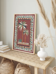 Tropical Palm Tree Poster featuring two palm trees and a succulent in a decorative pot, surrounded by a maroon and beige patterned border. - Image 4