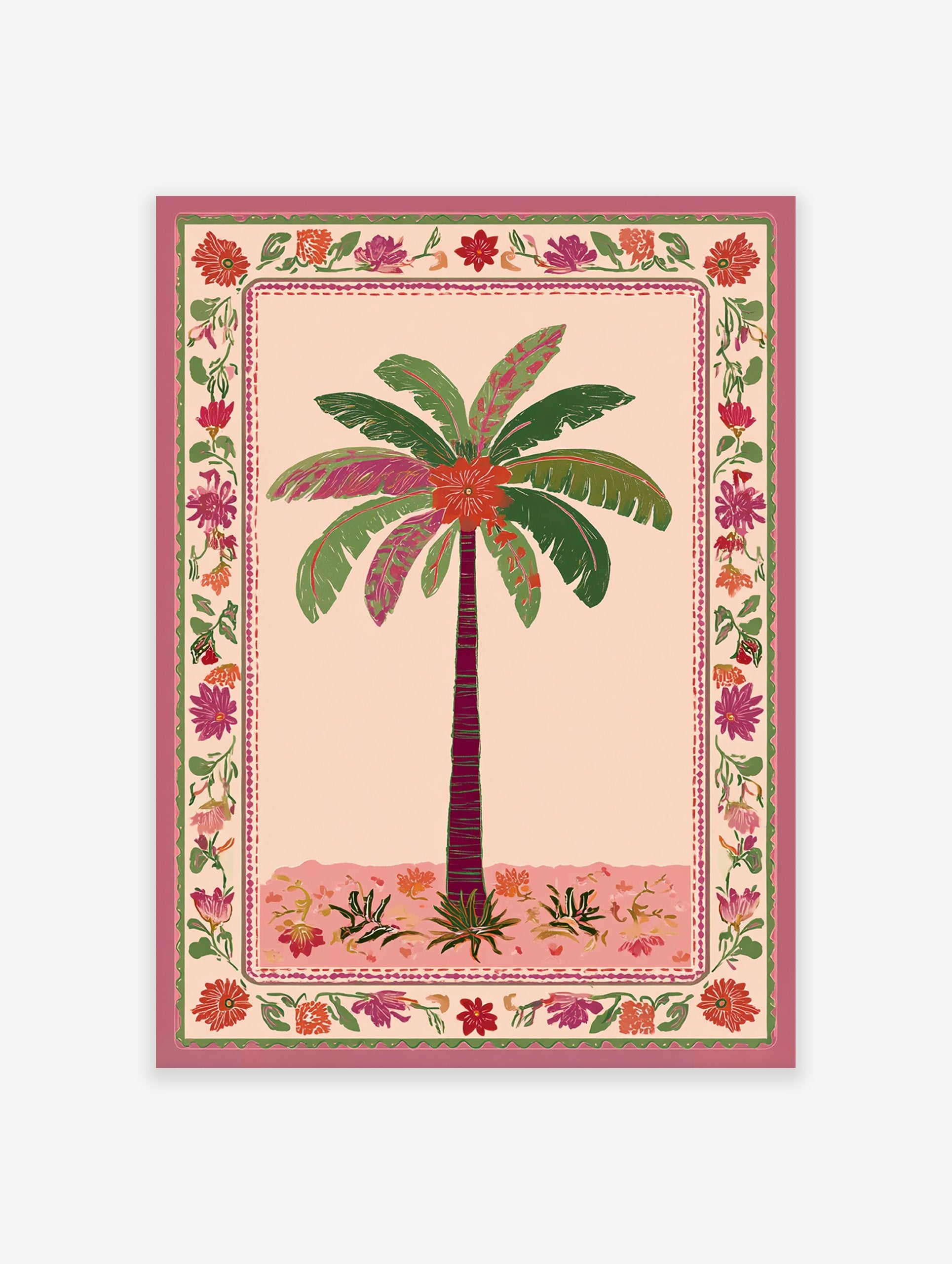 Palm tree poster with pink and green leaves, a maroon trunk, and a vibrant floral border in an Indian illustrative style.