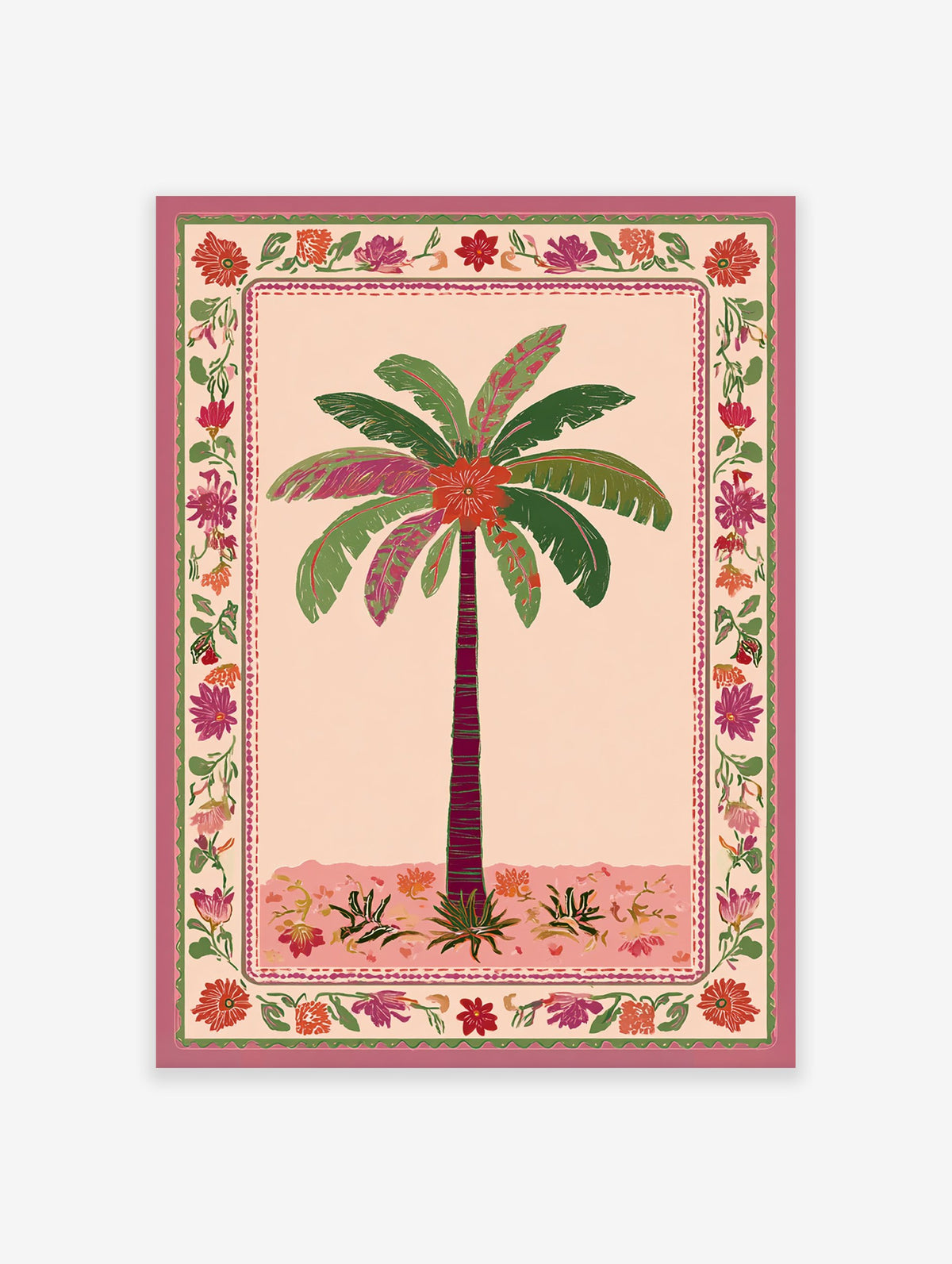 Palm tree poster with pink and green leaves, a maroon trunk, and a vibrant floral border in an Indian illustrative style.