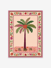 Palm tree poster with pink and green leaves, a maroon trunk, and a vibrant floral border in an Indian illustrative style.