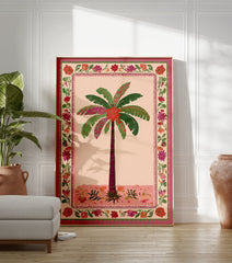 Palm tree poster with pink and green leaves, a maroon trunk, and a vibrant floral border in an Indian illustrative style. - Image 3