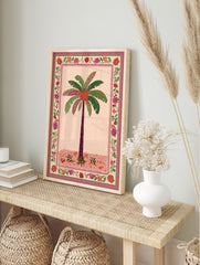 Palm tree poster with pink and green leaves, a maroon trunk, and a vibrant floral border in an Indian illustrative style. - Image 4