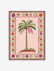Tropical palm tree poster with pink and green fronds on an island, surrounded by a folk art floral border with red, purple, and pink flowers.