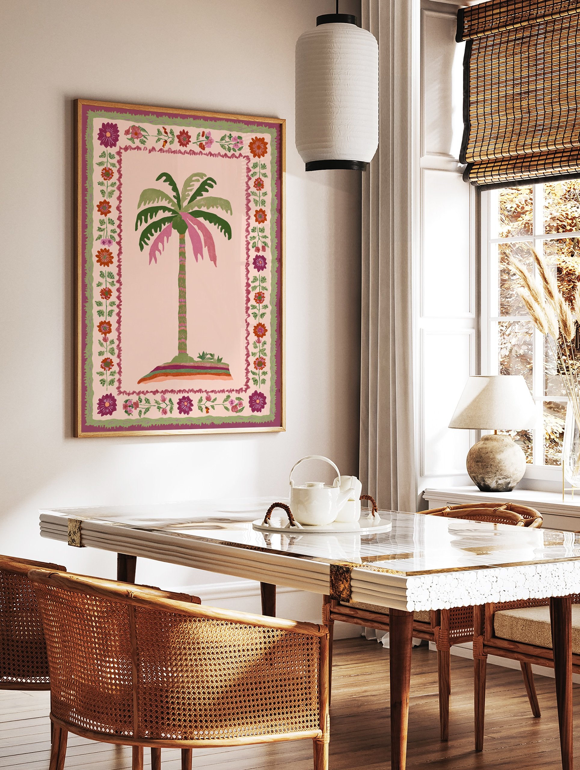 Tropical palm tree poster with pink and green fronds on an island, surrounded by a folk art floral border with red, purple, and pink flowers. - Image 2