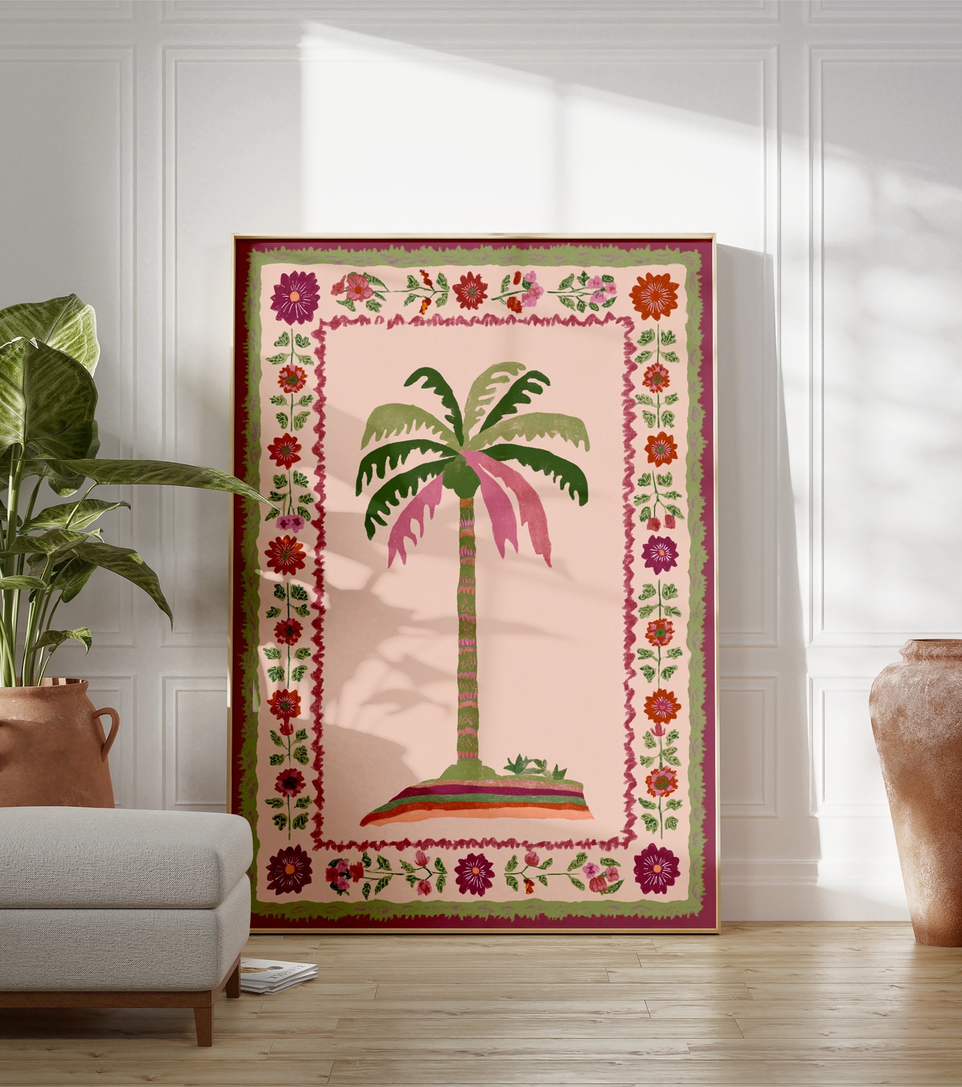 Tropical palm tree poster with pink and green fronds on an island, surrounded by a folk art floral border with red, purple, and pink flowers. - Image 3