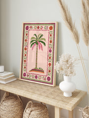 Tropical palm tree poster with pink and green fronds on an island, surrounded by a folk art floral border with red, purple, and pink flowers. - Image 4