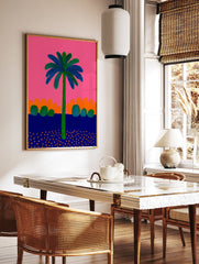 Vibrant palm tree poster with green trunk and blue/green dotted leaves against a bright pink sky, orange hills, and dark blue ground with orange flecks. - Image 2