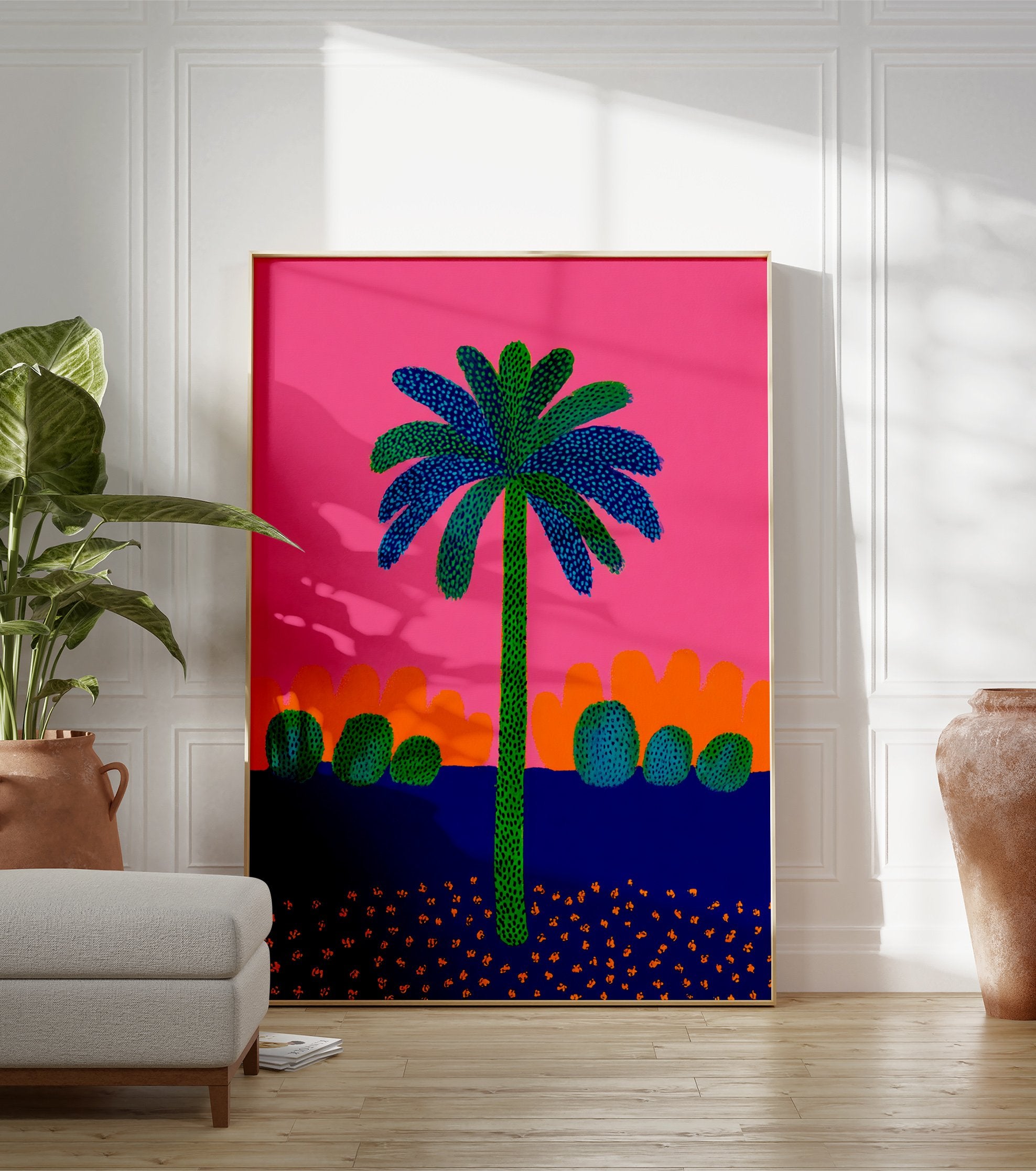 Vibrant palm tree poster with green trunk and blue/green dotted leaves against a bright pink sky, orange hills, and dark blue ground with orange flecks. - Image 3