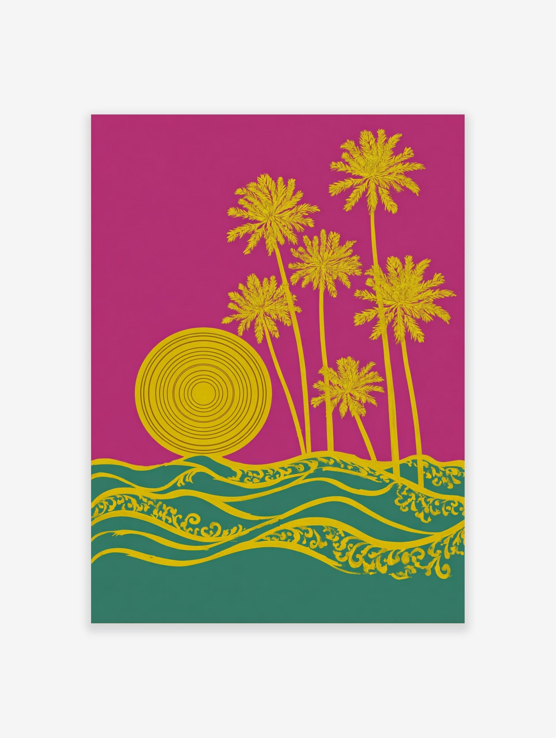 Graphic yellow palm trees, concentric sun, and ornate waves on a pink and teal background