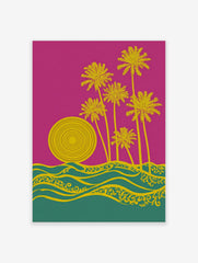 Graphic yellow palm trees, concentric sun, and ornate waves on a pink and teal background