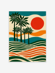 Illustrative palm tree wall art with green trees, orange sun, and wavy stripes in a tropical landscape