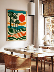 Illustrative palm tree wall art with green trees, orange sun, and wavy stripes in a tropical, in a styled room mockup