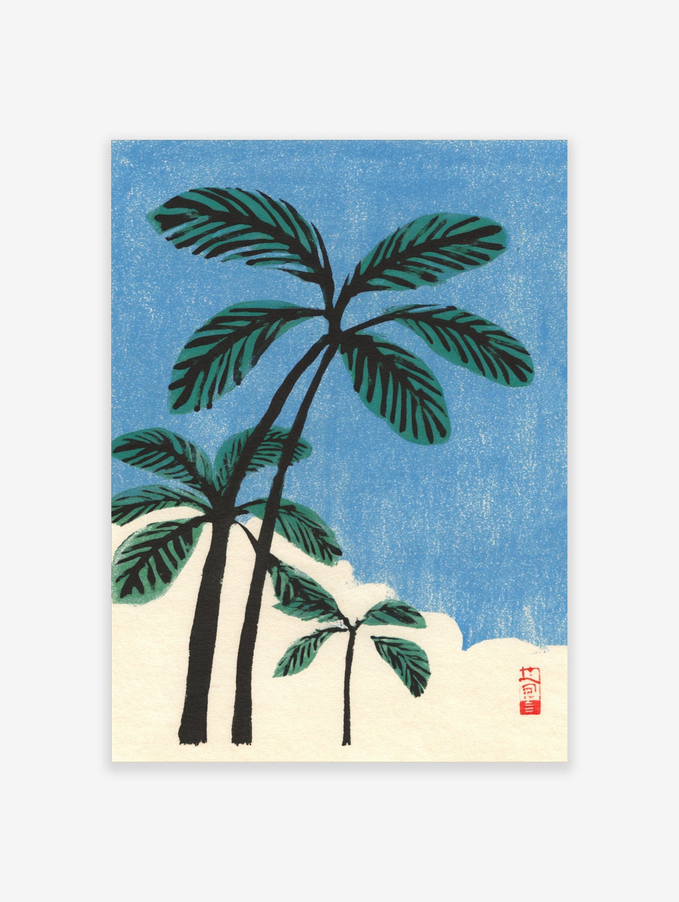 Three palm trees with teal leaves and black trunks against a textured blue sky, red seal in corner