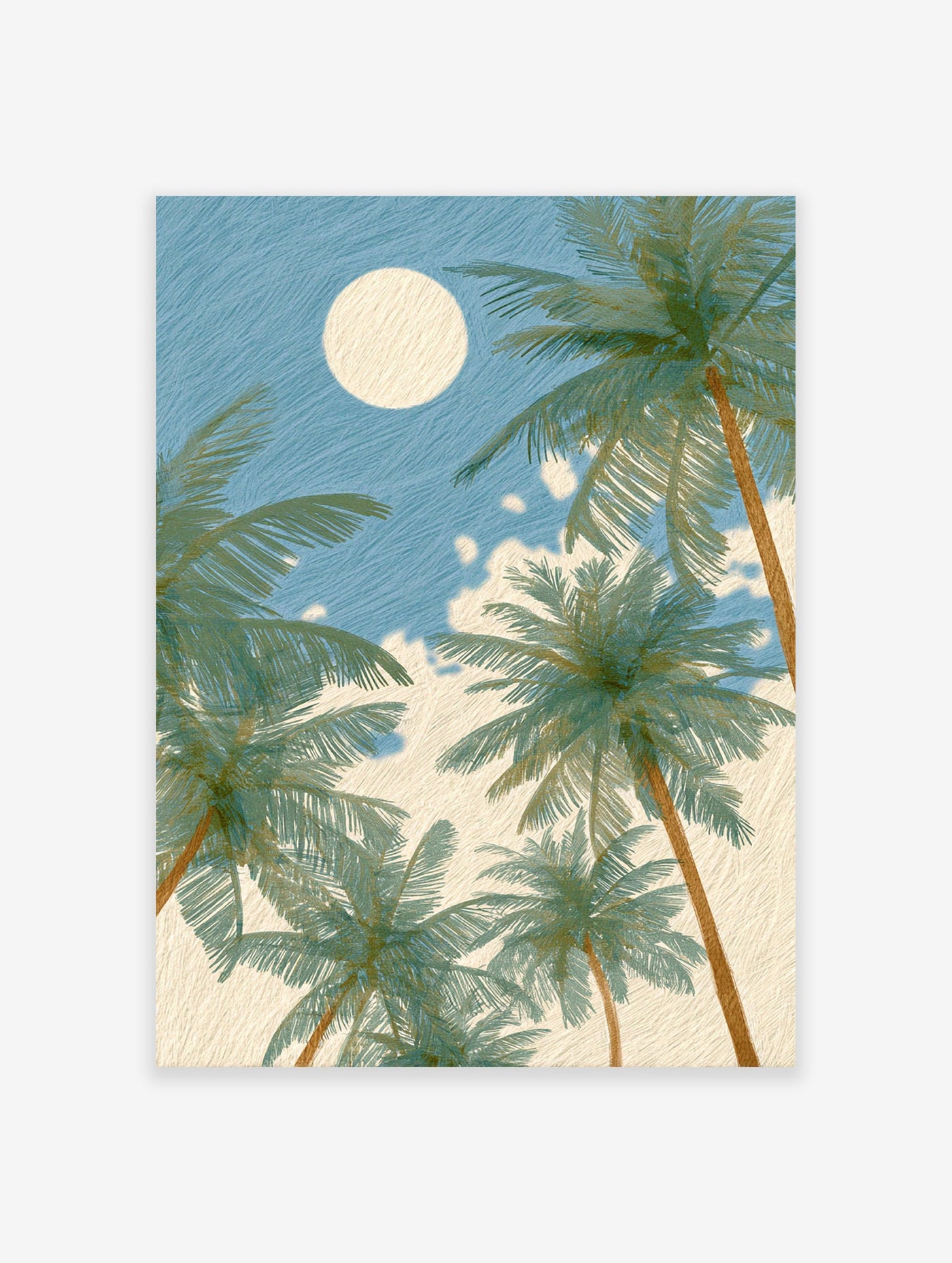 Textured palm tree wall art with green fronds and brown trunks against a blue sky with a large, bright moon or sun.