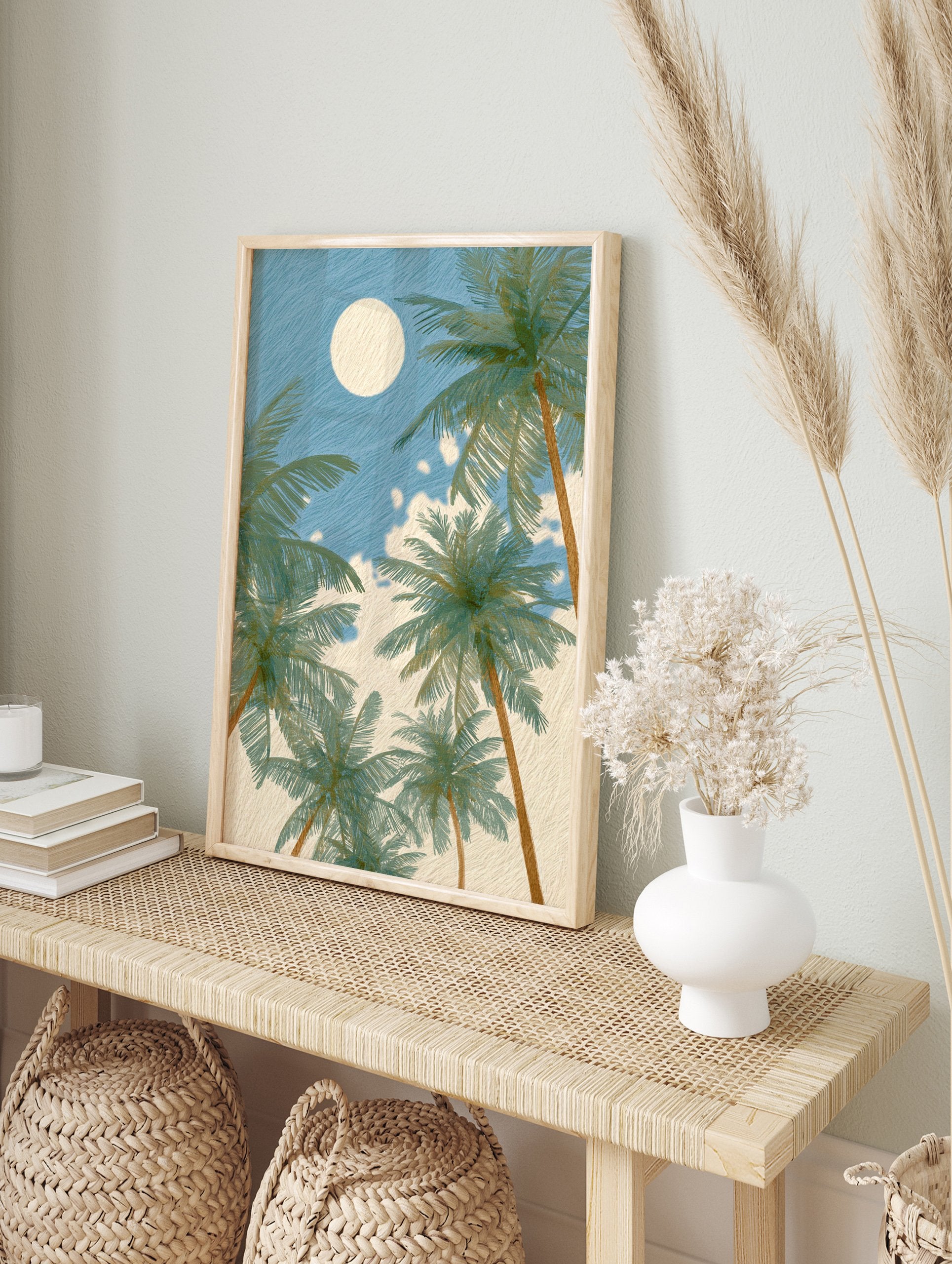 Textured palm tree wall art with green fronds and brown trunks against a blue sky with a large, bright moon or sun. - Image 3