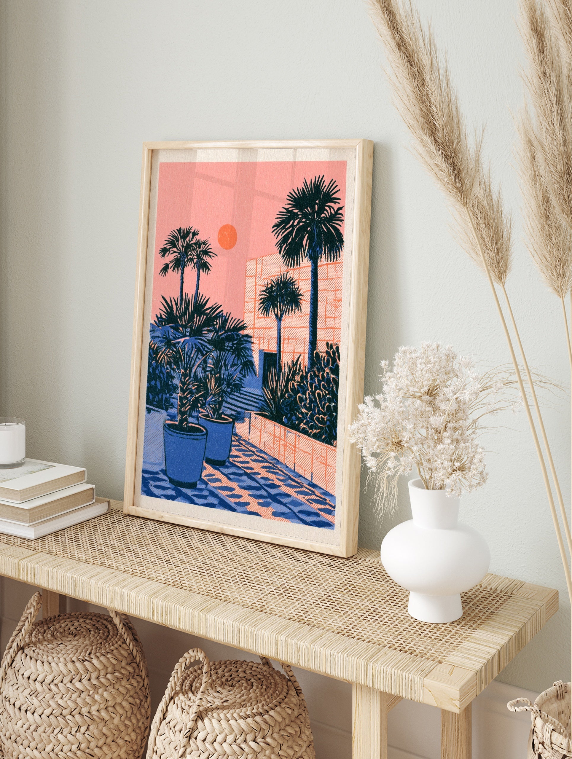 Retro illustration of palm trees and potted plants against a geometric building facade with a, in an alternate framed mockup