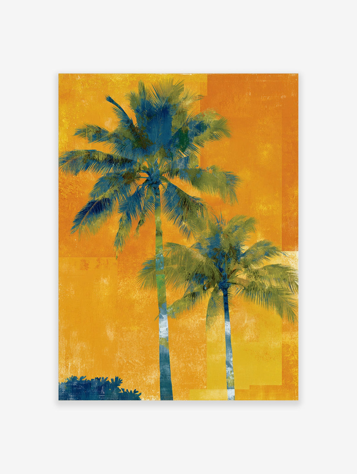 Two tall blue-green palm trees against a vibrant, textured orange and yellow background in a distressed art style