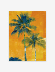 Two tall blue-green palm trees against a vibrant, textured orange and yellow background in a distressed art style