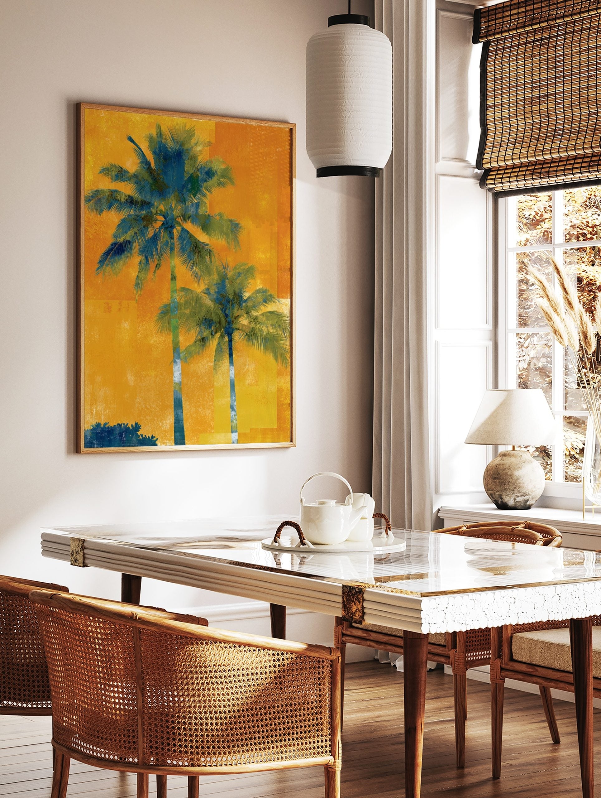 Two tall blue-green palm trees against a vibrant, textured orange and yellow background in a, in a styled room mockup