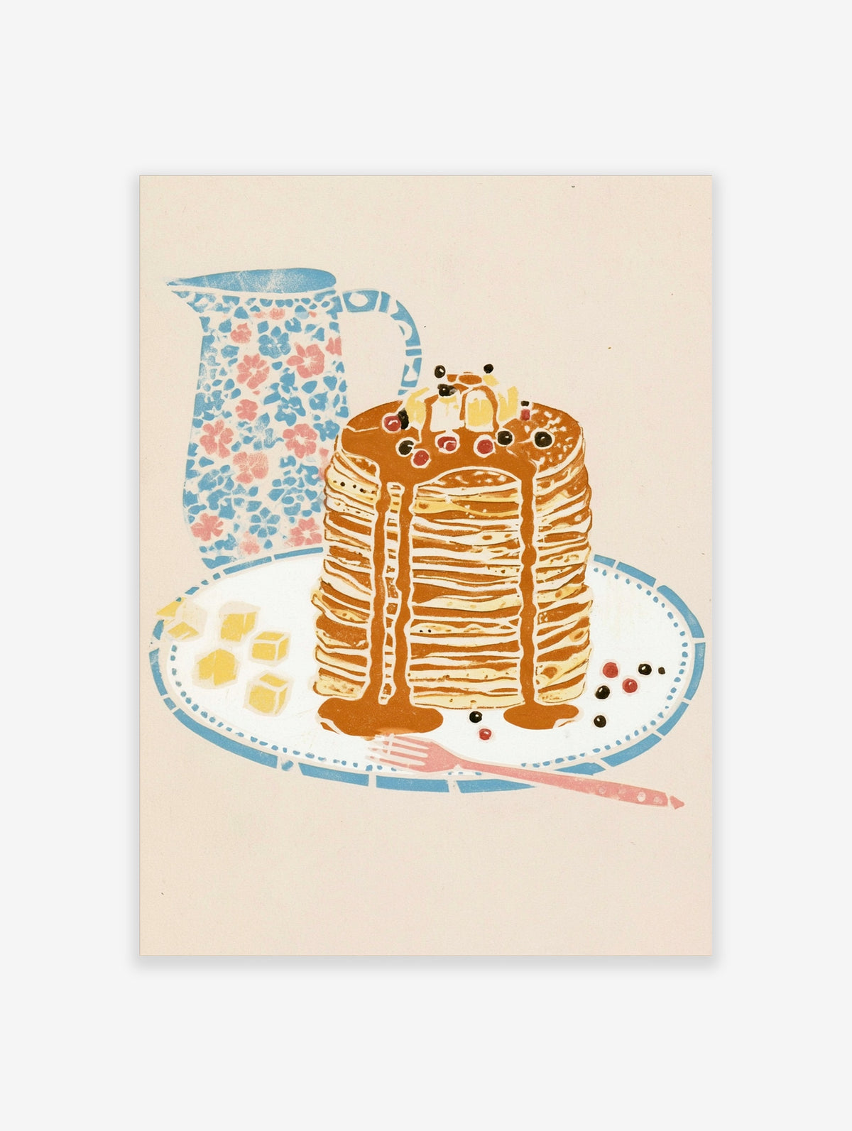 Retro pancake stack poster with syrup, butter, berries and floral jug on a plate