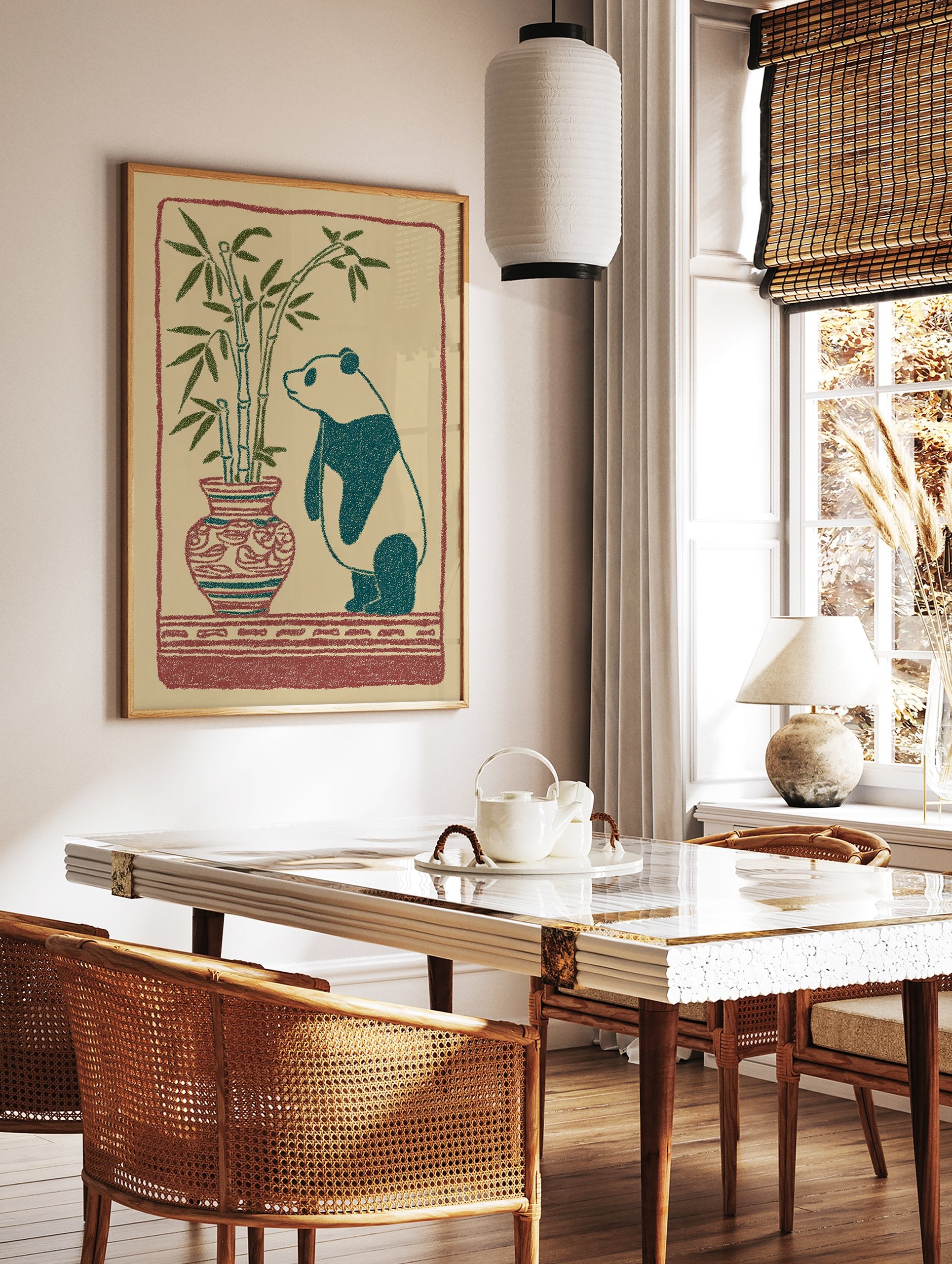 Illustrated art print of a panda looking at bamboo in a patterned vase with a red border on a beige background. - Image 2