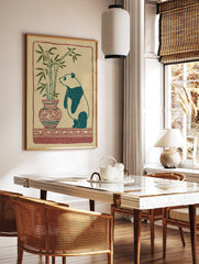 Illustrated art print of a panda looking at bamboo in a patterned vase with a red border on a beige background. - Image 2
