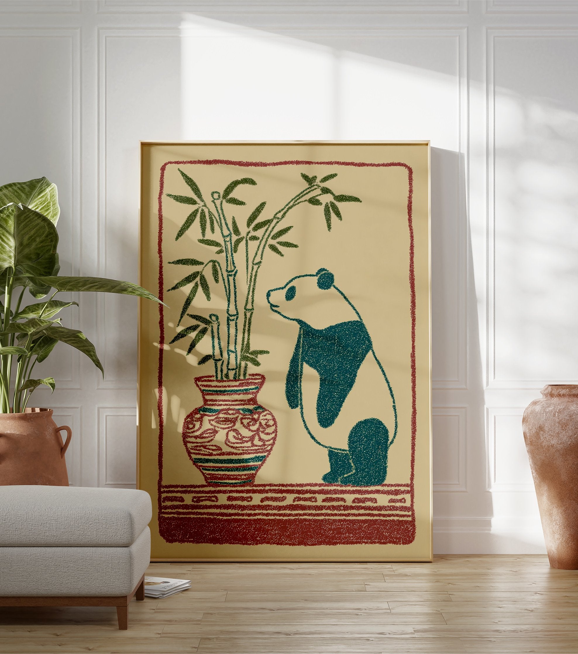 Illustrated art print of a panda looking at bamboo in a patterned vase with a red border on a beige background. - Image 3