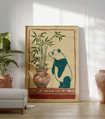 Illustrated art print of a panda looking at bamboo in a patterned vase with a red border on a beige background. - Image 3