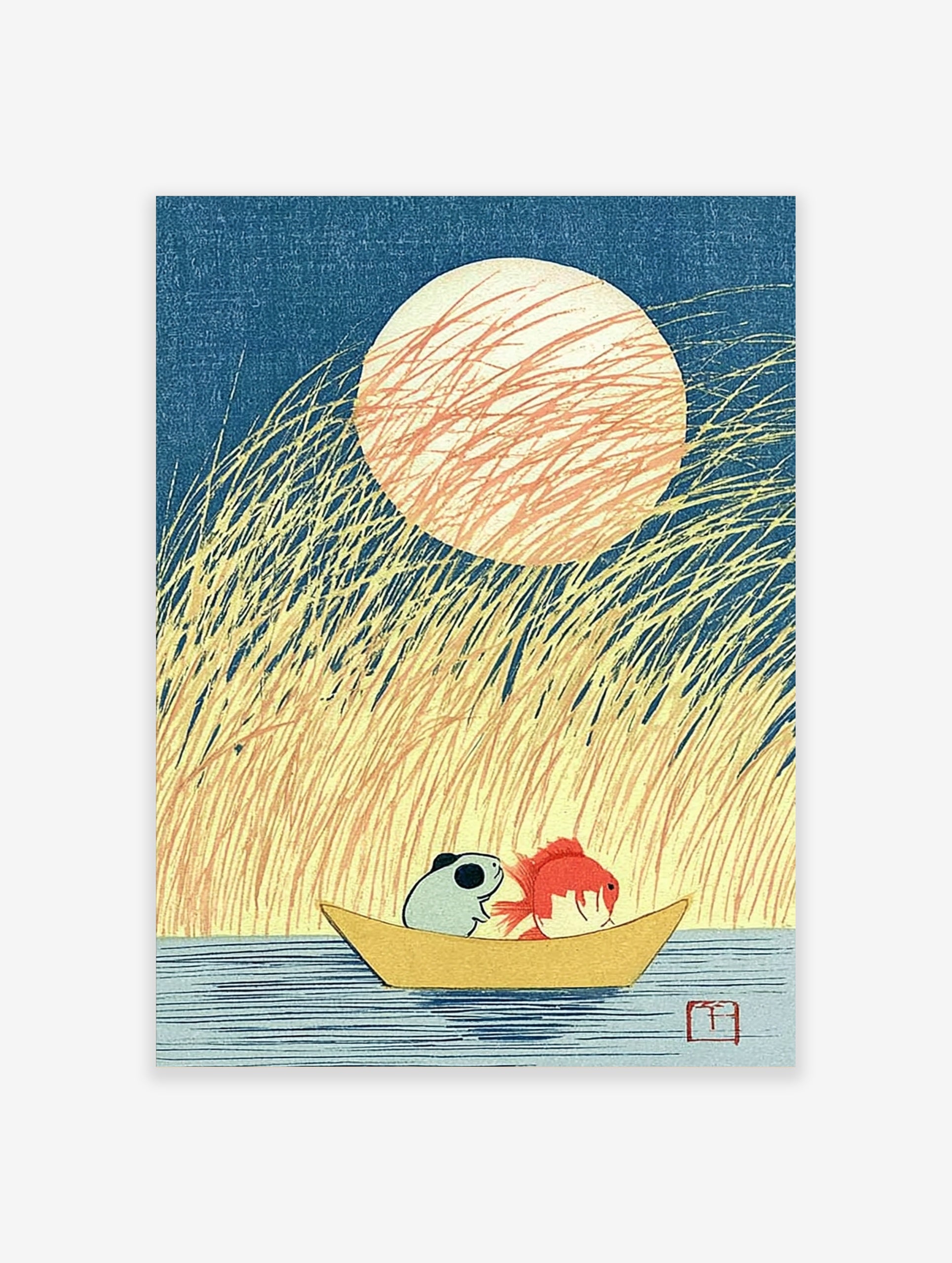 Illustration of a panda and goldfish in a boat under a large moon with tall grass, Japanese style wall art print
