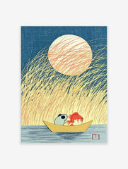Illustration of a panda and goldfish in a boat under a large moon with tall grass, Japanese style wall art print