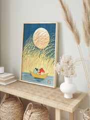 Illustration of a panda and goldfish in a boat under a large moon with tall grass, Japanese, in an alternate framed mockup