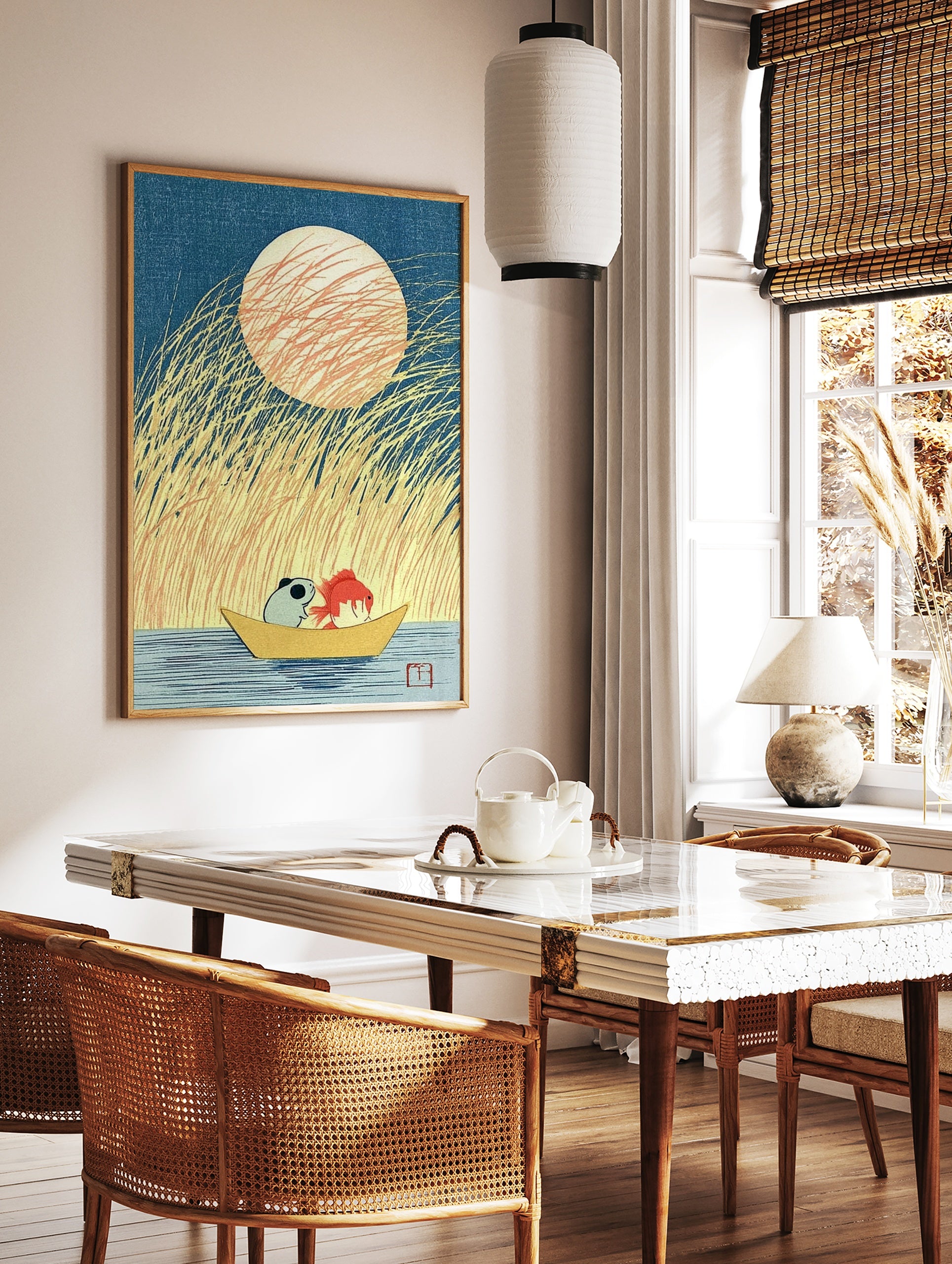 Illustration of a panda and goldfish in a boat under a large moon with tall grass, Japanese style, in a styled room mockup