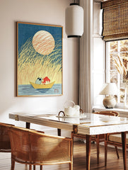 Illustration of a panda and goldfish in a boat under a large moon with tall grass, Japanese style, in a styled room mockup