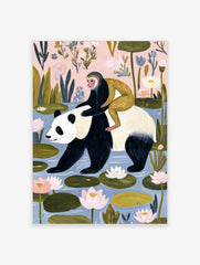 Illustrative art print of a black and white panda with a golden monkey on its back, walking in a blue lily pond with pink